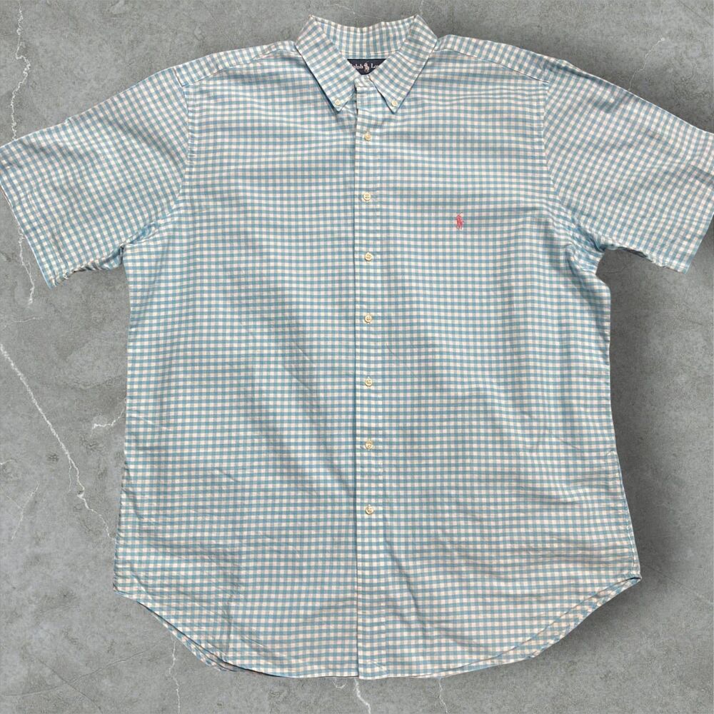 Polo Ralph Lauren Vtg 90s Checkered Button Down Baby Blue Shirt Men's Size XLT